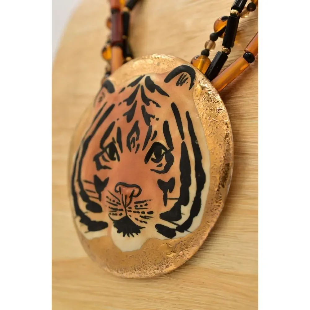 Carol Halmy Vintage Ceramic Beaded Necklace Hand Made Tiger Golden Signed Bin4A